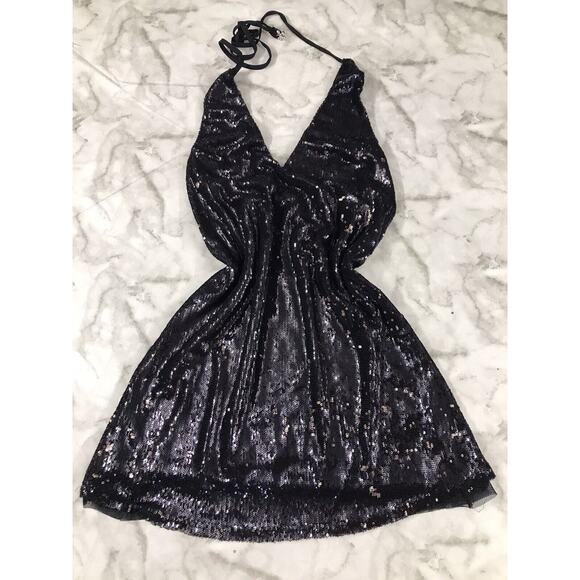 FREE PEOPLE Women Sequin Slip Mini Strappy Dress GOLD/BLK Cocktail Party XS - Picture 1 of 10